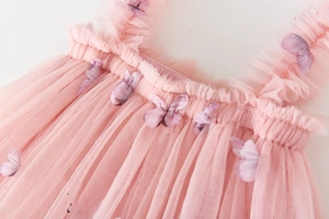 Detail of pink tulle dress with butterfly appliqué and sparkling glitter accents