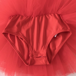 Vue détaillée du tutu de ballet rouge avec couches de tulle et culotte intégrée