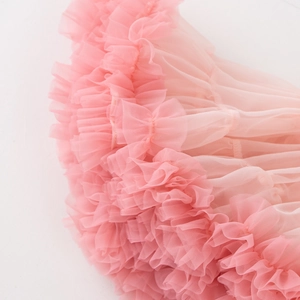 Close-up detail showing multi-layered soft pink tulle fabric and tiered design of the tutu skirt