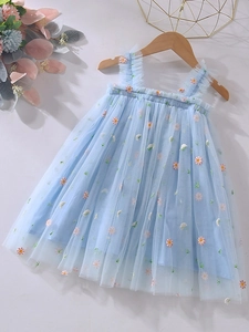 Light blue embroidered daisy tulle princess dress for girls with ruffled straps