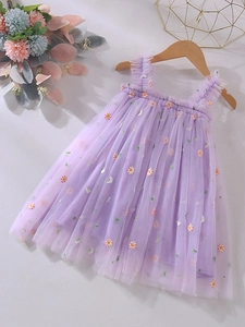 Sleeveless purple mesh tutu dress for girls with delicate white daisy embroidery