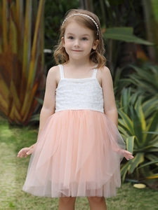 Girls summer dress with white lace bodice and layered pink tulle skirt for beach or party