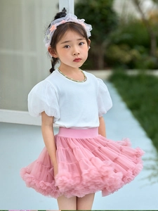 Girls sweet outfit with white puff sleeve top and pink tiered mesh tutu skirt
