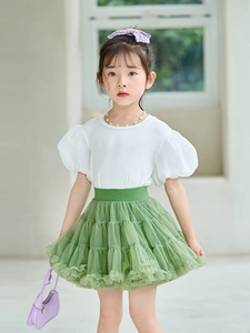 Girls white puff sleeve t-shirt and green tiered tutu tulle skirt set for kids