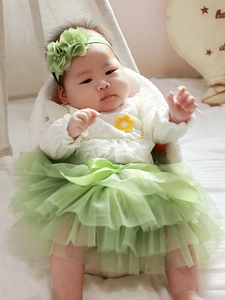 Ensemble bébé fille avec haut blanc, jupe tutu en tulle vert et bandeau à fleurs assorti