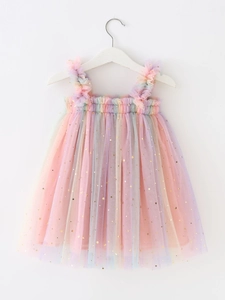 Rainbow tulle dress for girls with sequined stars and moon on a gradient mesh tutu