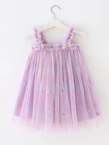 Rainbow sequin star tulle princess dress for girls with pastel gradient mesh layers