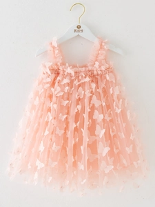 Sleeveless pink tulle dress for girls featuring 3D butterfly appliques and layered skirt