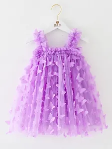 Purple girls princess dress with 3D butterfly embroidery and fluffy tulle skirt mesh dress