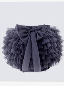 Dark grey multi-layered tutu skirt for baby girls featuring a large decorative bow
