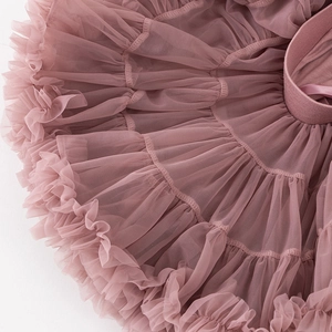 Gros plan détaillé montrant les couches de tulle mauve fin et la texture plissée du tutu