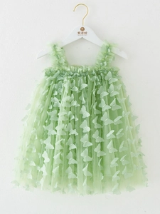 Sweet mint green girls sleeveless mesh princess dress with 3D butterfly appliques