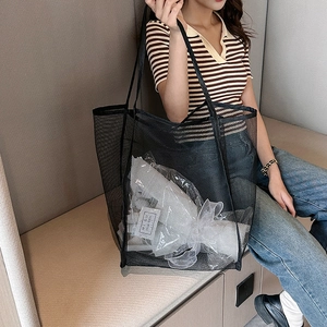 Bolso tote grande de malla negra para mujer, bolso de hombro espacioso para playa y uso diario