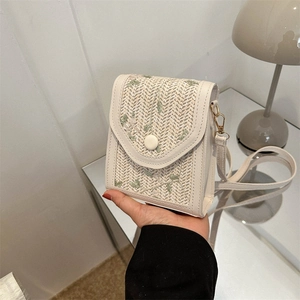 Sac à Épaule Tissé pour Femmes Broderie Florale Design de Niche Décontracté Sac Bandoulière Petit Sac Carré pour Téléphone