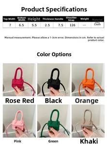 Mini felt crossbody bag detail showing size chart and variety of vibrant color options