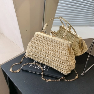 Damen Vintage Stroh Geflochtene Umhängetasche Mini Quadratische Handtasche Mit Metallgriff Kette Pastoralen Stil Strandtasche