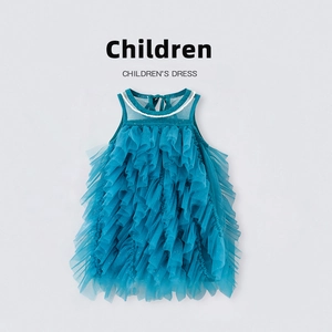 Detail of teal girls' princess dress featuring layered tulle and pearl neckline decoration