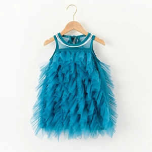 Detail of girls sleeveless princess dress with pearl neckline and layered mesh tulle