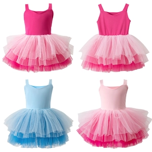 Detail view of four colorful ballet tutu dresses for girls in pink, blue, and rose colors