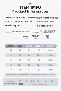 Detailed size chart for girls' bow dress showing measurements from size 90 to 130