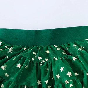 Detail of dark green tutu skirt with gold star prints and elastic waistband texture