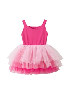Detail of multi-layered mesh tutu on pink camisole ballet dress for young girls