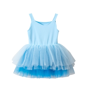 Detail view of multi-layered blue tulle tutu on children's ballet dress with soft textures
