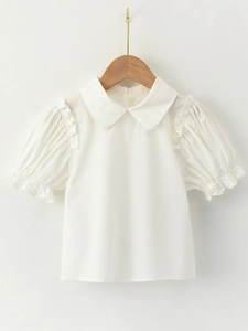 Summer Girls Casual White Cotton Shirt Peter Pan Collar Bubble Sleeve Mesh Polka Dot Top Tutu Skirt Matching Outfit Clothing