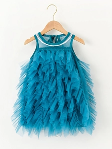 Girls Princess Dress Mesh Layered Ruffle Sleeveless Party Dress With Artificial Pearl Decoration Cotton Lining Summer Outfits
