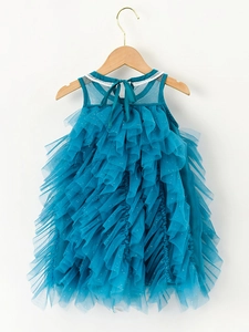 Blue sleeveless tutu princess dress for girls with sparkling tiered mesh layers