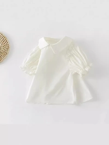 Girls white short sleeve cotton shirt with peter pan collar and puff sleeves for summer