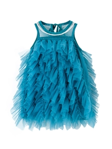 Girls' sleeveless A-line tulle princess dress in teal with pearl neckline and ruffles