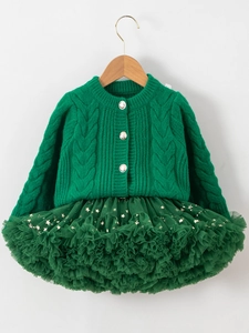 Christmas girl's green knit cardigan and gold star tutu skirt outfit set