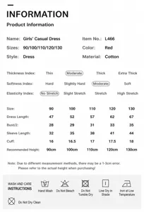 Size chart and washing guide for girls' red sequin dress with detailed measurements