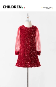 Detailed view of red sequin embroidery and sheer mesh sleeves on children's dress