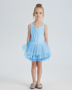 Detail of light blue sleeveless tutu dress for girls showing layered tulle skirt textures