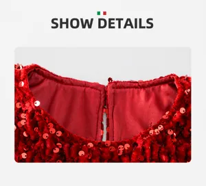 Detail of red sequined round neck and velvet fabric on kids princess dress
