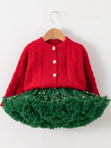 Girls Christmas outfit set with red knit cardigan and green star sequin tutu skirt