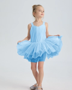 Detail of light blue girls ballet tutu featuring layered mesh skirt and camisole straps