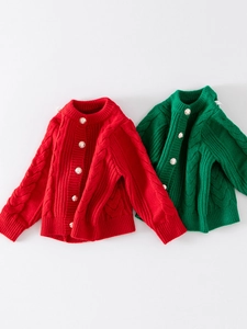Christmas green and red knitted cardigans for girls with classic cable knit textures