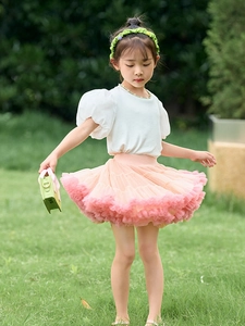 Girl's pink mesh tutu skirt set with white puff sleeve shirt and green headband