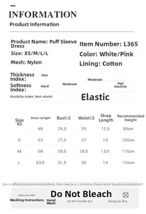 Size chart for girls' tulle puff sleeve dress with cotton lining details and washing guide