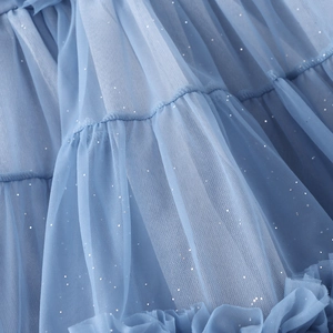 Detail of light blue tiered tulle dress featuring silver sequins and layered ruffles