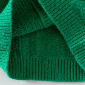 Close-up of green knit cardigan sweater showing detailed ribbing and thick texture