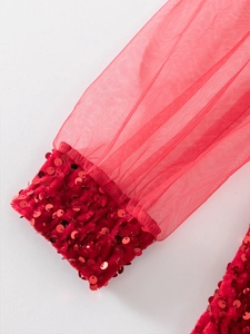Detailed view of red sequin embellishments on velvet cuffs and mesh sleeves for girls dress