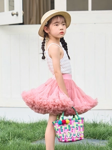 Pink multi-layer tutu skirt set for girls with white textured sleeveless top and straw hat