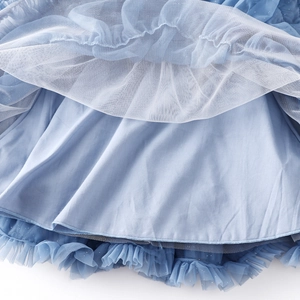 Detailed macro view of light blue layered mesh tutu with silver glitter and ruffles