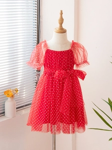 Toddler Girls Polka Dot Mesh Tutu Dress Puff Sleeve Princess Birthday Party Gown With Big Bow Sweet Kids Summer Dress