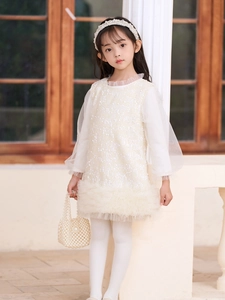 Elegante abito tutu bianco con paillettes per bambine con maniche in tulle e piume