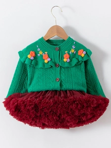 Girls Vinylon Knit Cardigan With Polyamide Mesh Star Tutu Skirt Cotton Lining Floral Embroidery Christmas Matching Outfit